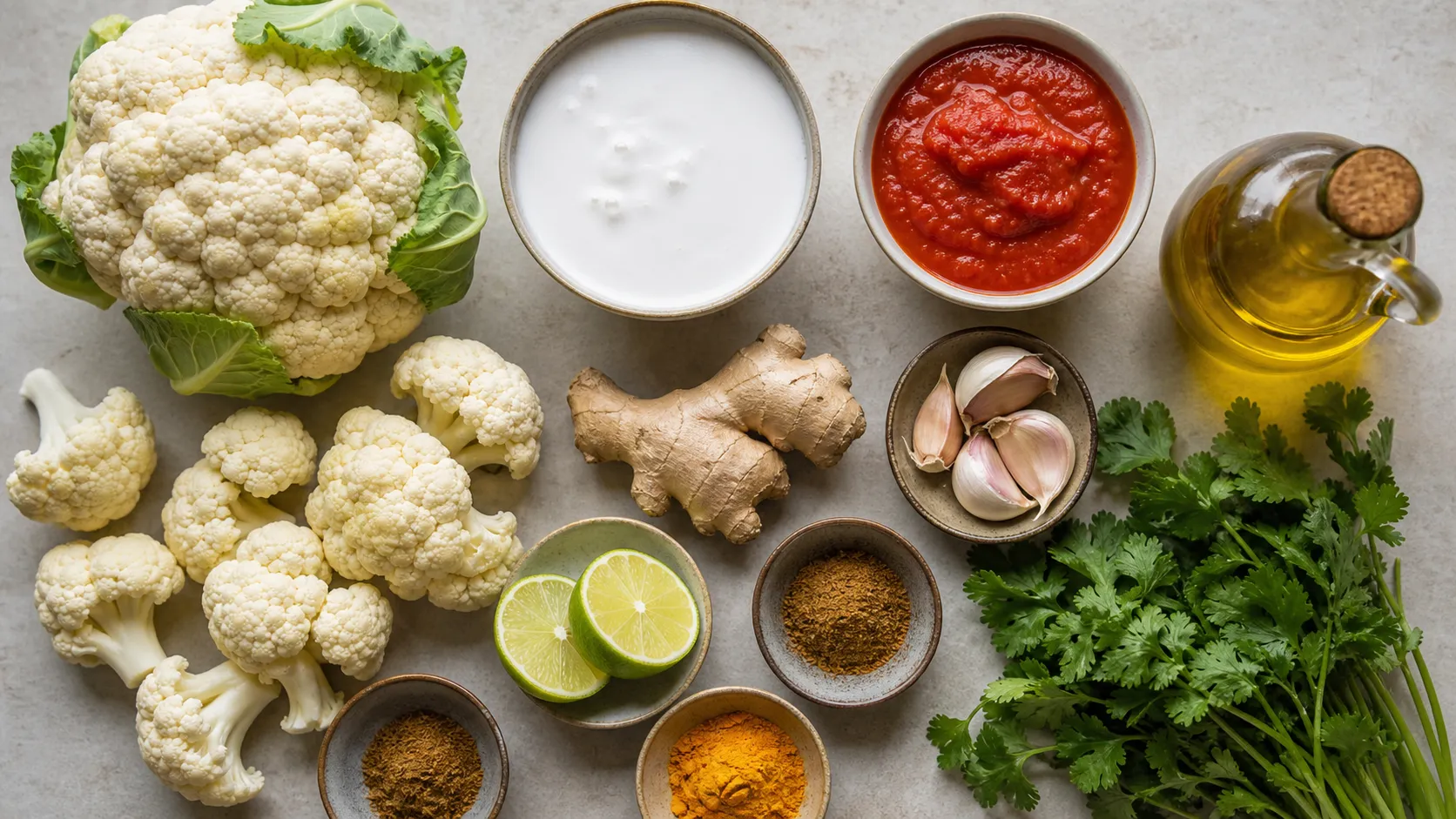 Ingredients for keto cauliflower tikka masala: cauliflower, coconut milk, tomato passata, olive oil, garam masala, turmeric, cumin, ginger and garlic