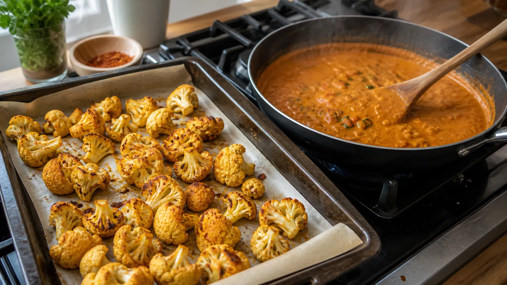 Cauliflower florets roasting in the oven while the tikka masala sauce simmers in a pan next to them
