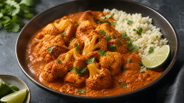 Keto cauliflower tikka masala with golden-roasted cauliflower in a creamy orange-red coconut milk and tomato sauce, garnished with fresh cilantro