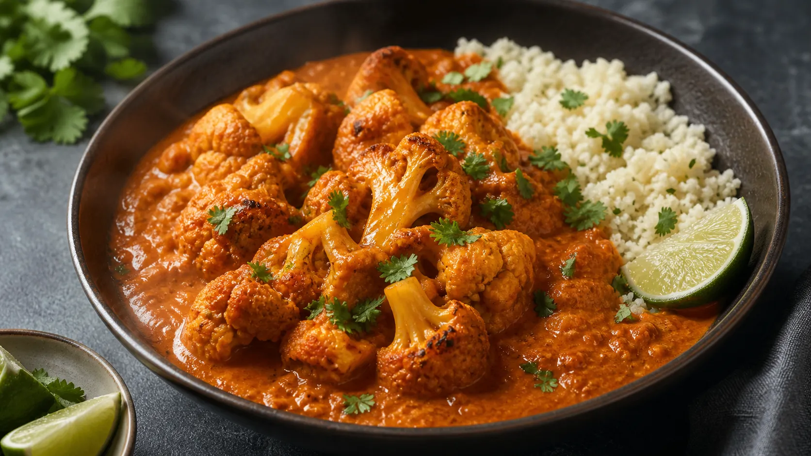 Keto cauliflower tikka masala with golden-roasted cauliflower in a creamy orange-red coconut milk and tomato sauce, garnished with fresh cilantro