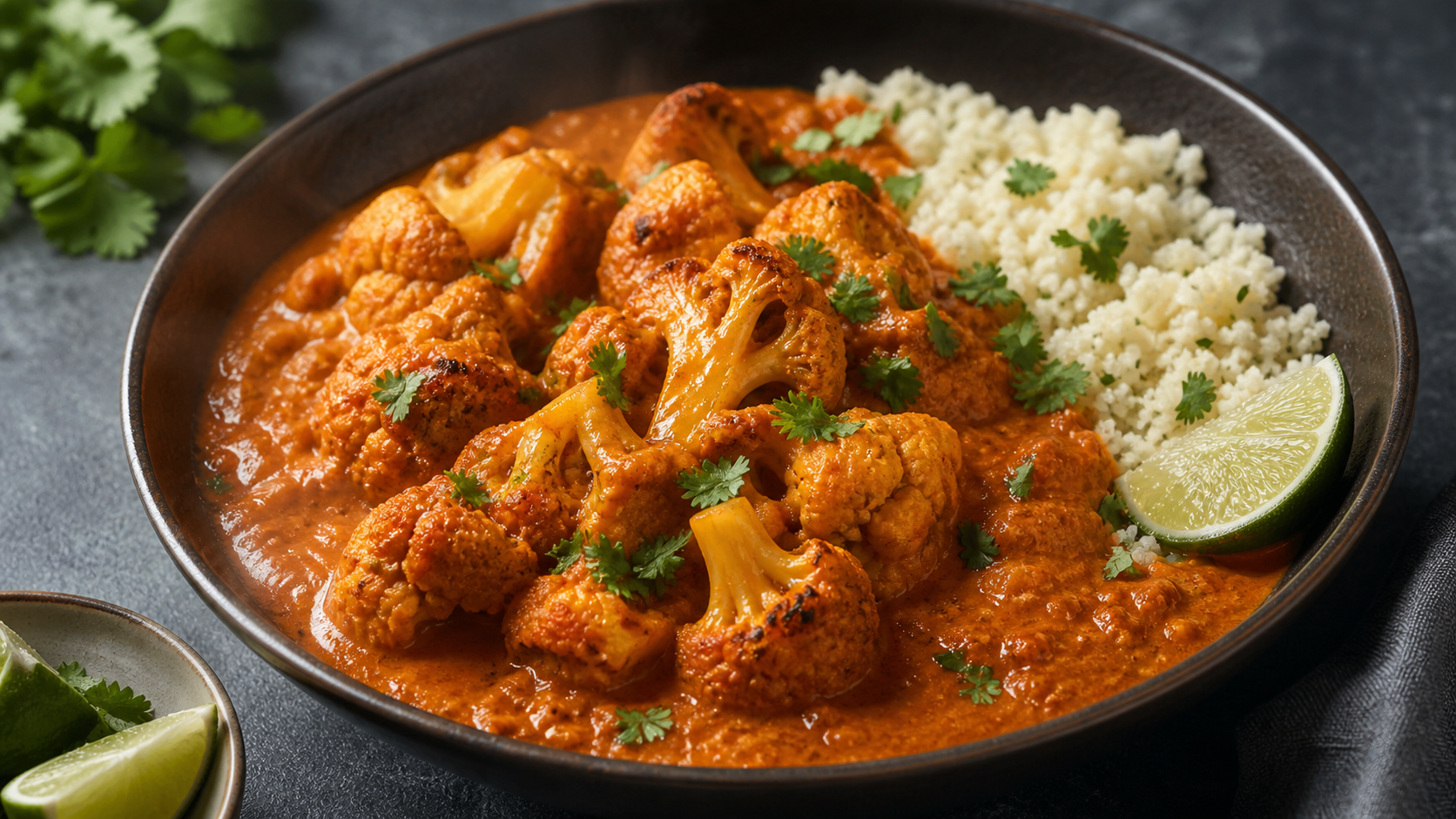 Keto cauliflower tikka masala with golden-roasted cauliflower in a creamy orange-red coconut milk and tomato sauce, garnished with fresh cilantro