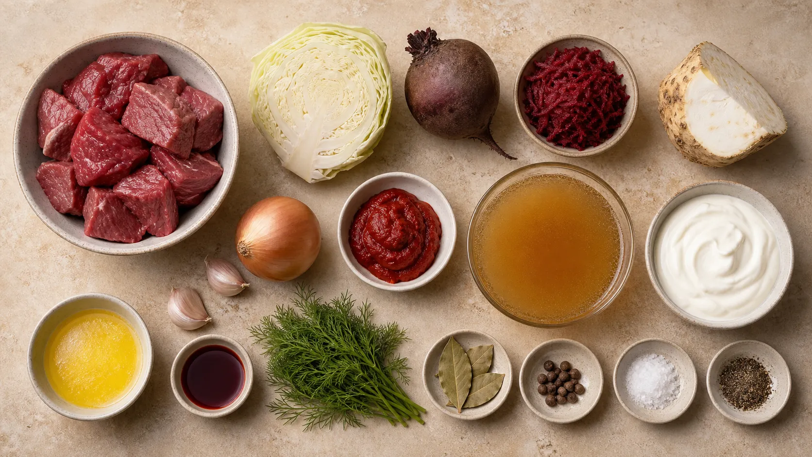 Ingredients for keto borscht: beef, white cabbage, beetroot, celeriac, onion, tomato paste and dill