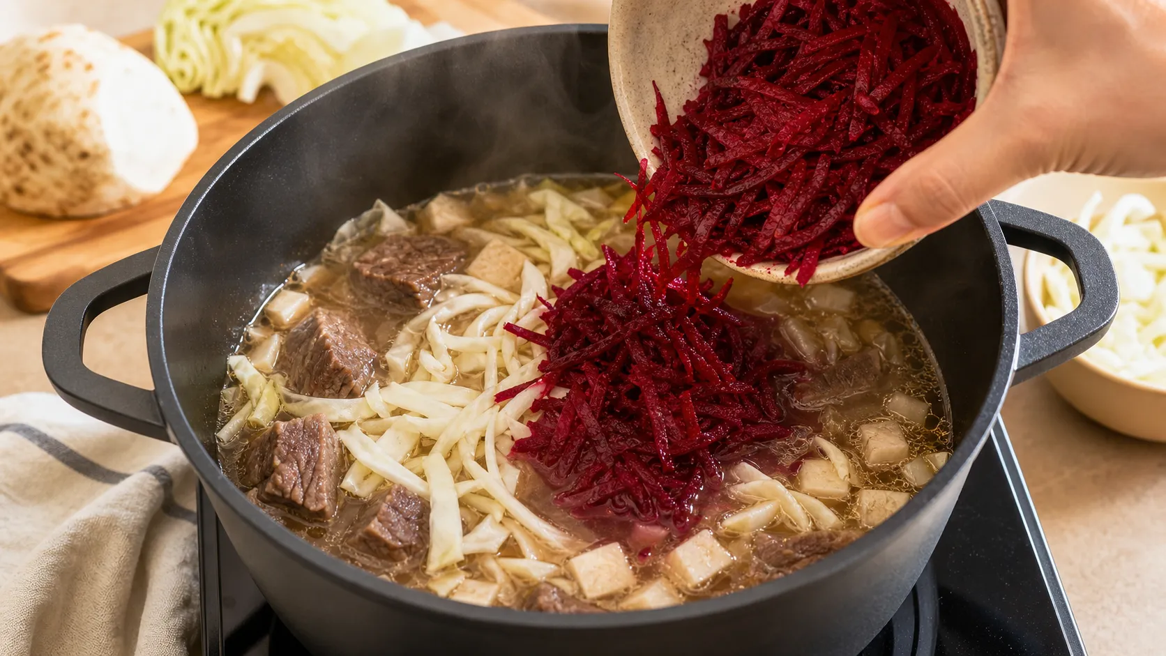 Beetroot and white cabbage simmering with beef in a large pot