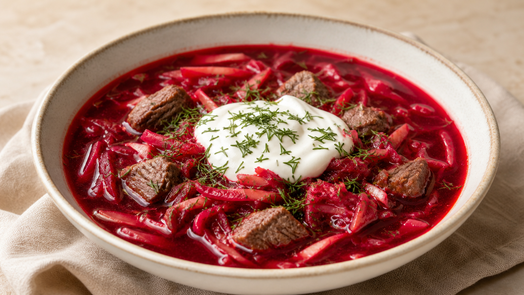 Deep red keto borscht with pieces of beef, a dollop of sour cream and fresh dill in a bowl