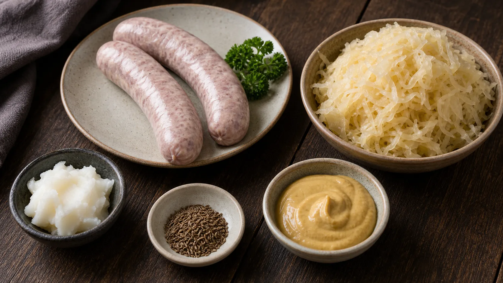 Ingredients for the keto bratwurst and sauerkraut skillet: bratwurst, sauerkraut, lard, mustard and caraway