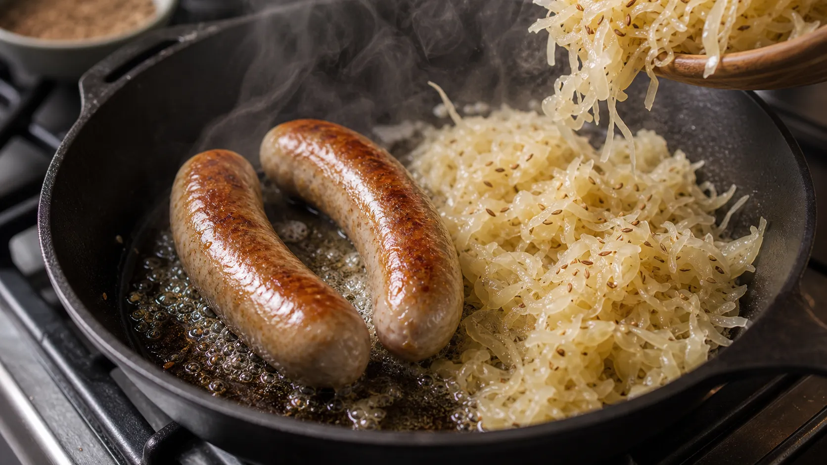 Bratwurst sausages being browned in lard in a skillet