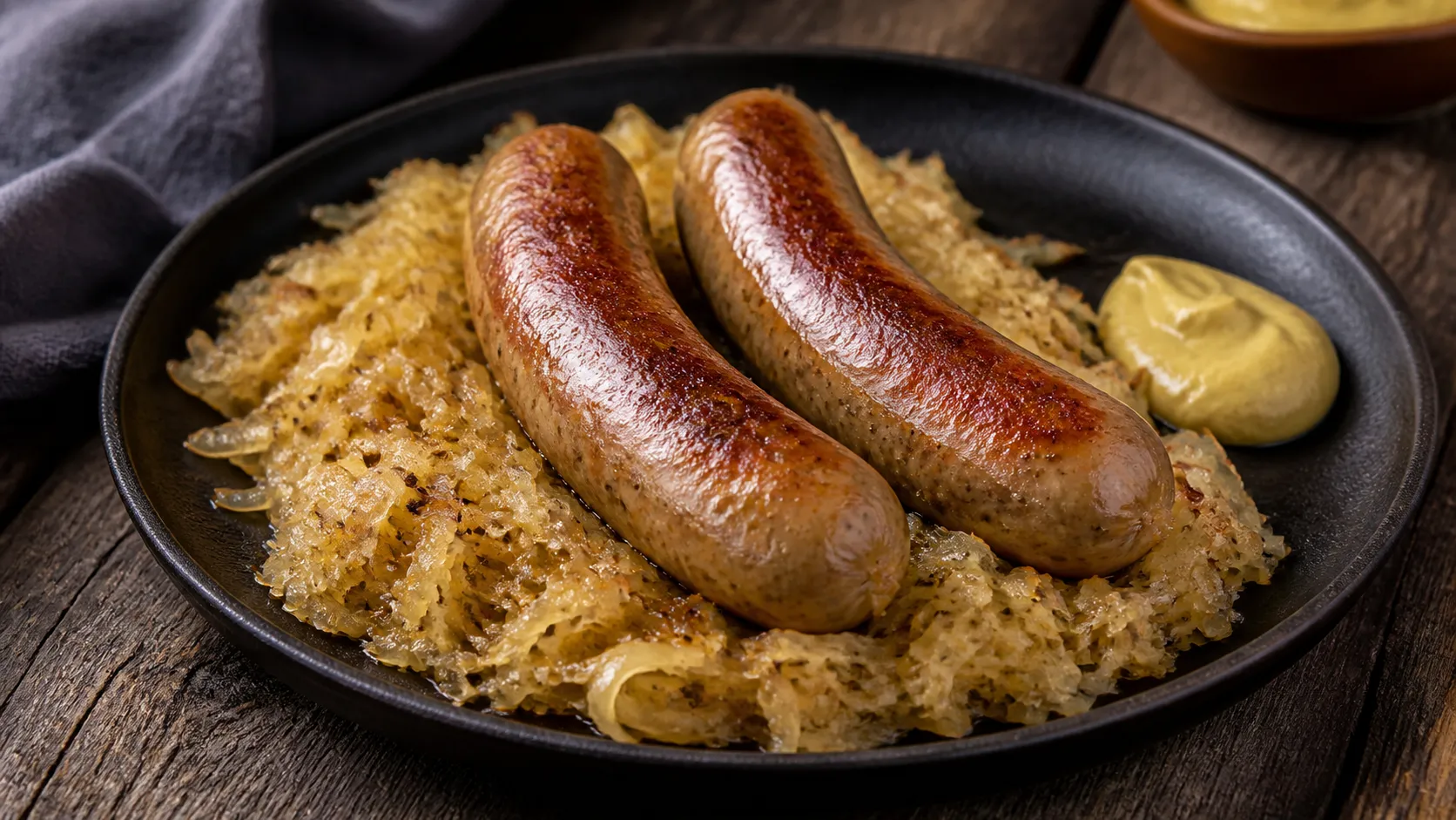 Keto bratwurst and sauerkraut skillet with two golden-brown German pork sausages on warm sauerkraut