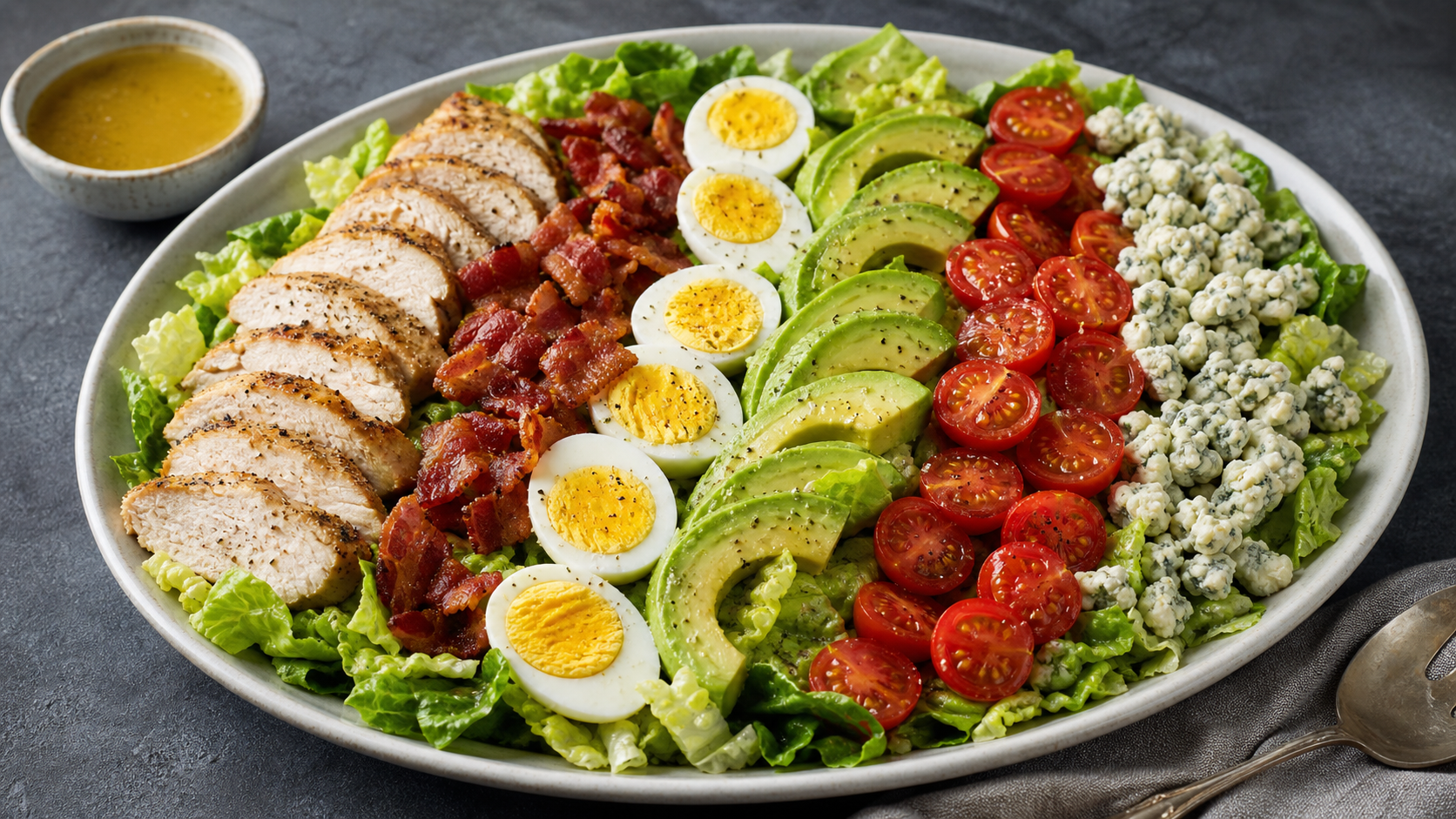 Keto broccoli salad with fried chicken pieces, crisp bacon, flaked almonds and creamy dressing in a bowl