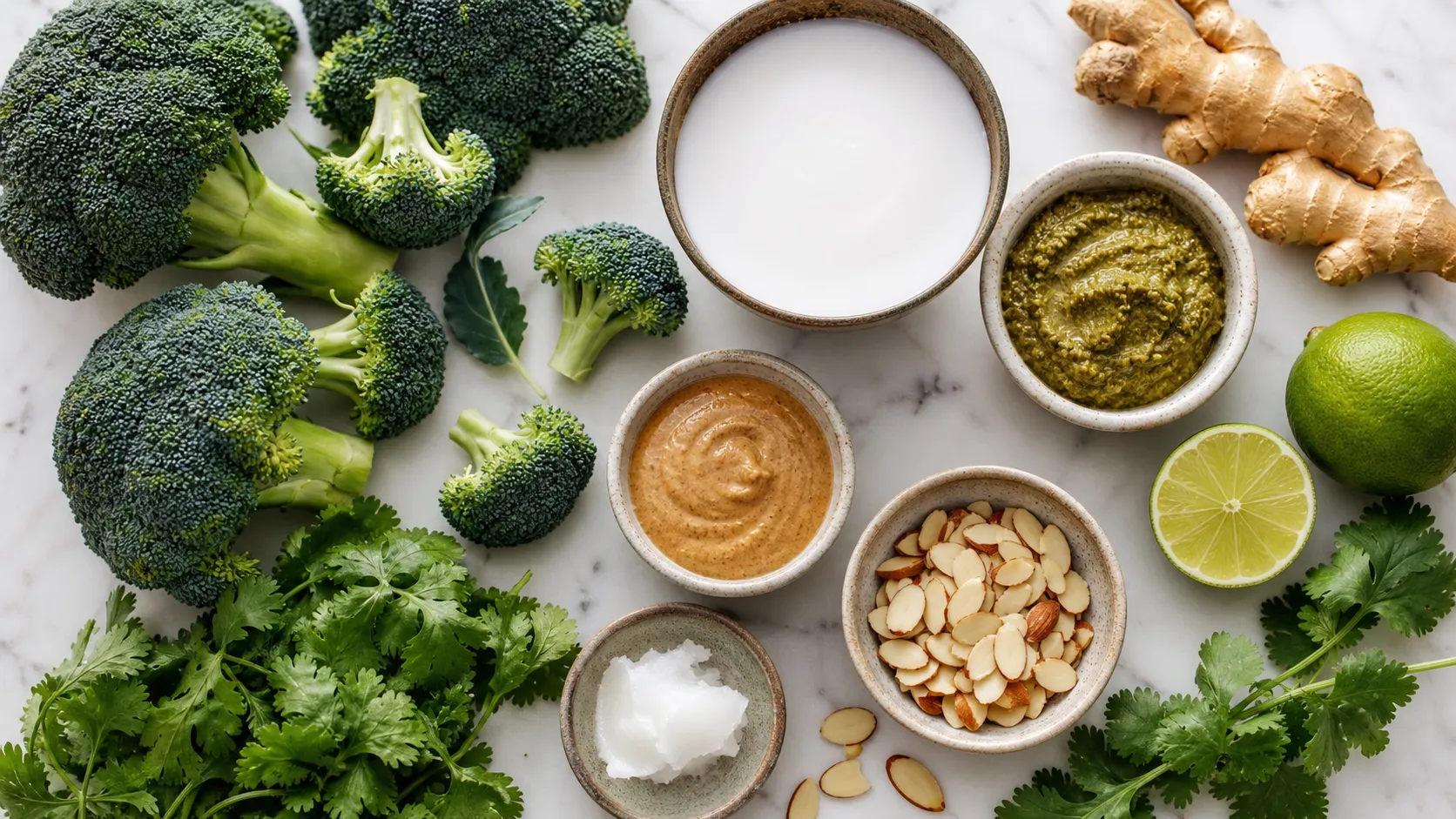 Ingredients for the keto broccoli almond curry: broccoli, coconut milk, almond butter, green curry paste, coconut oil, ginger, lime and sliced almonds