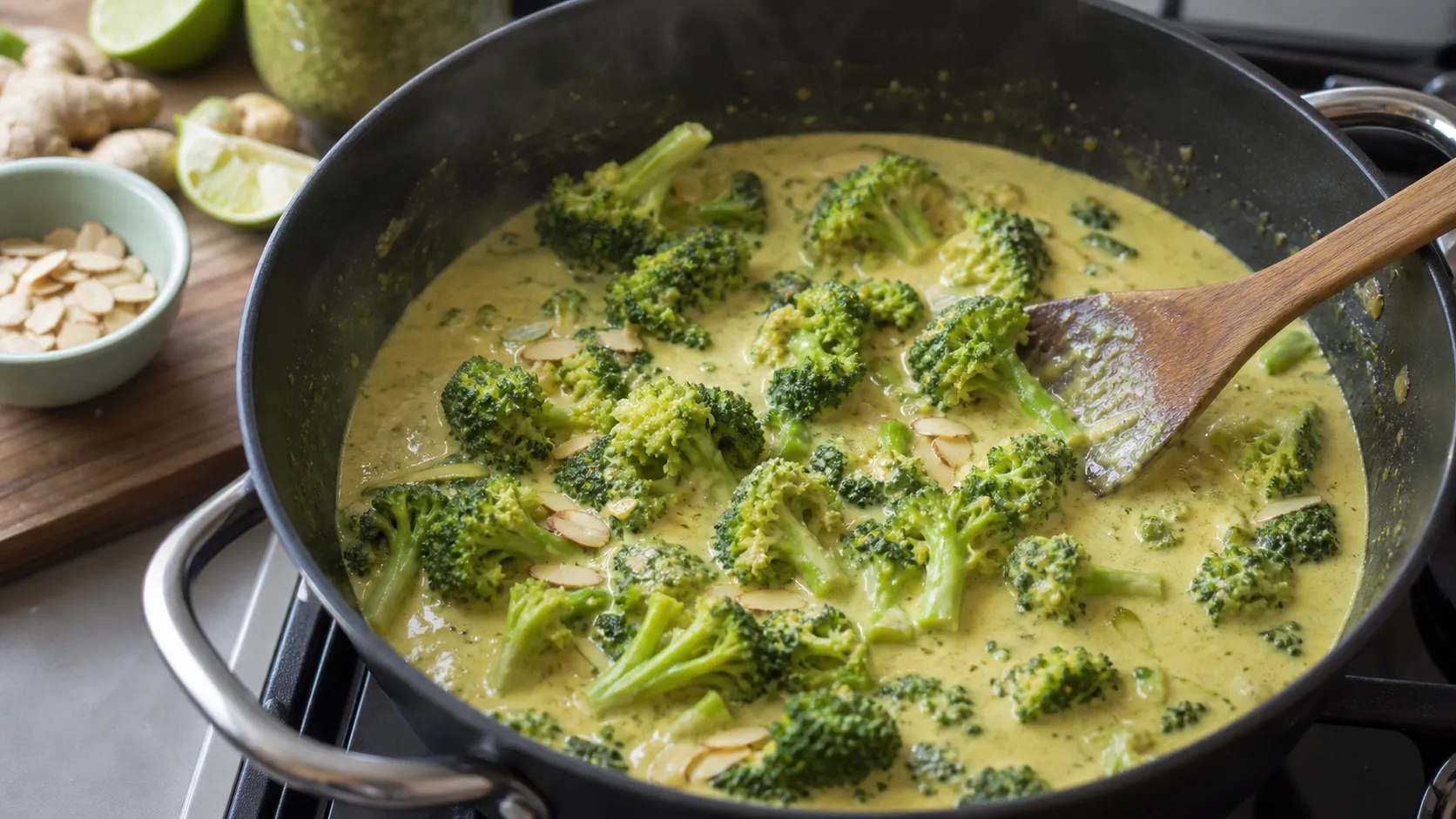Broccoli florets simmering in a skillet with coconut milk and almond curry sauce