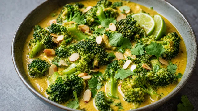 Keto broccoli almond curry with bright green broccoli florets in a creamy golden coconut milk and almond sauce, garnished with sliced almonds and cilantro