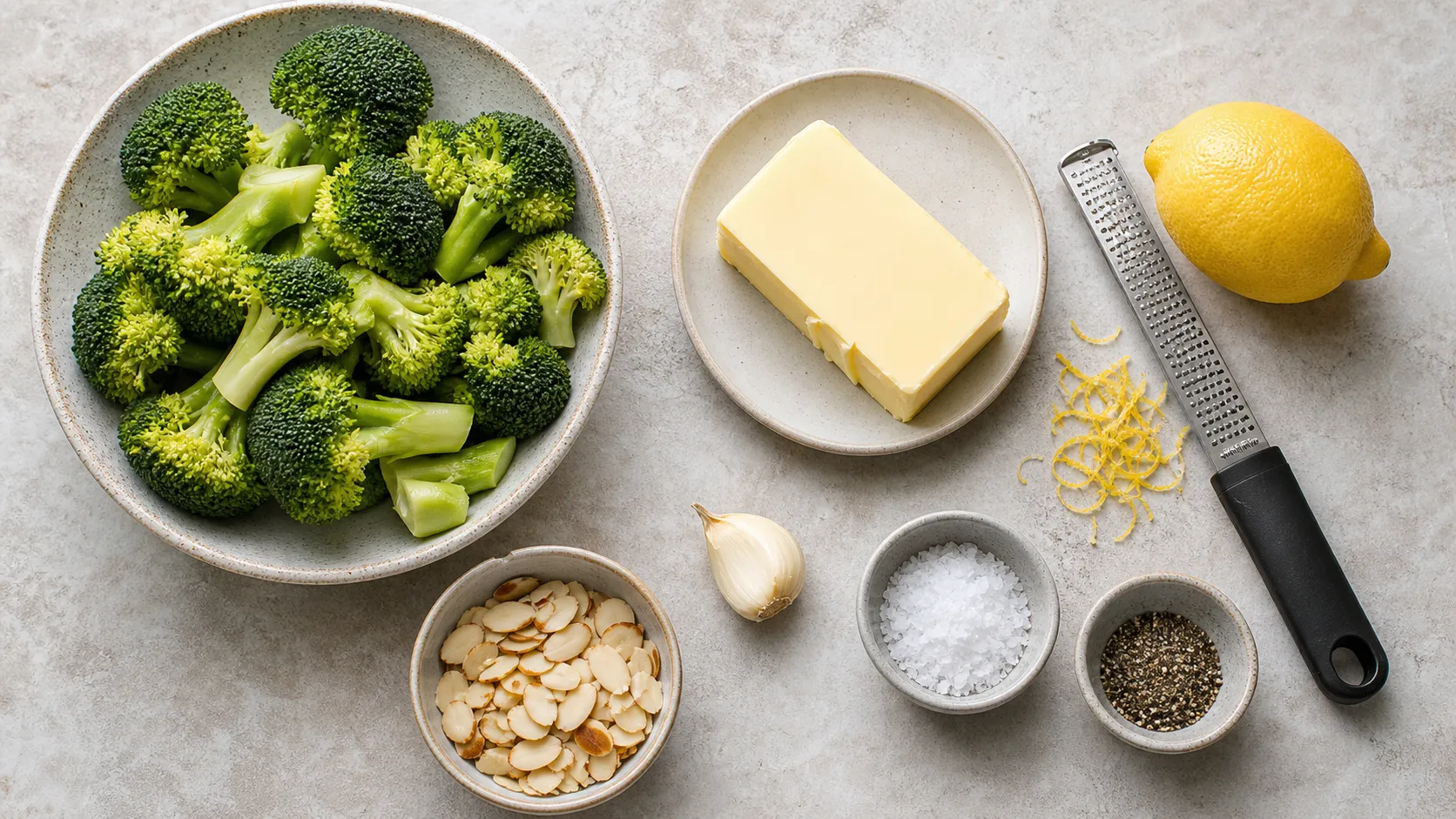 Ingredients for keto broccoli with almond butter: broccoli, butter, almonds, lemon, garlic, salt, and pepper