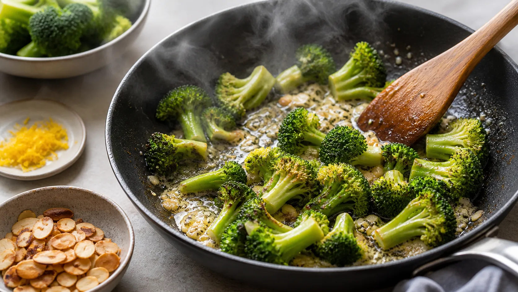 Broccoli tossed in brown butter with garlic, with toasted almonds and lemon zest ready alongside