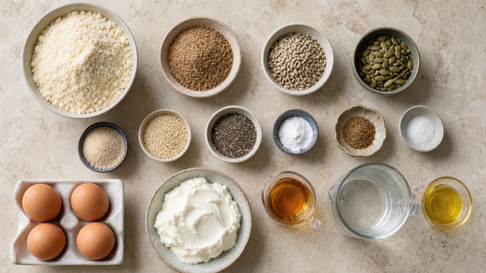 Ingredients for Keto Bread Like German Bread: Hearty Low-Carb Loaf: 150 g blanched almond flour, 40 g ground flaxseed, 40 g sunflower seeds, 30 g pumpkin seeds, 25 g psyllium husk powder, 20 g sesame seeds, 15 g chia seeds