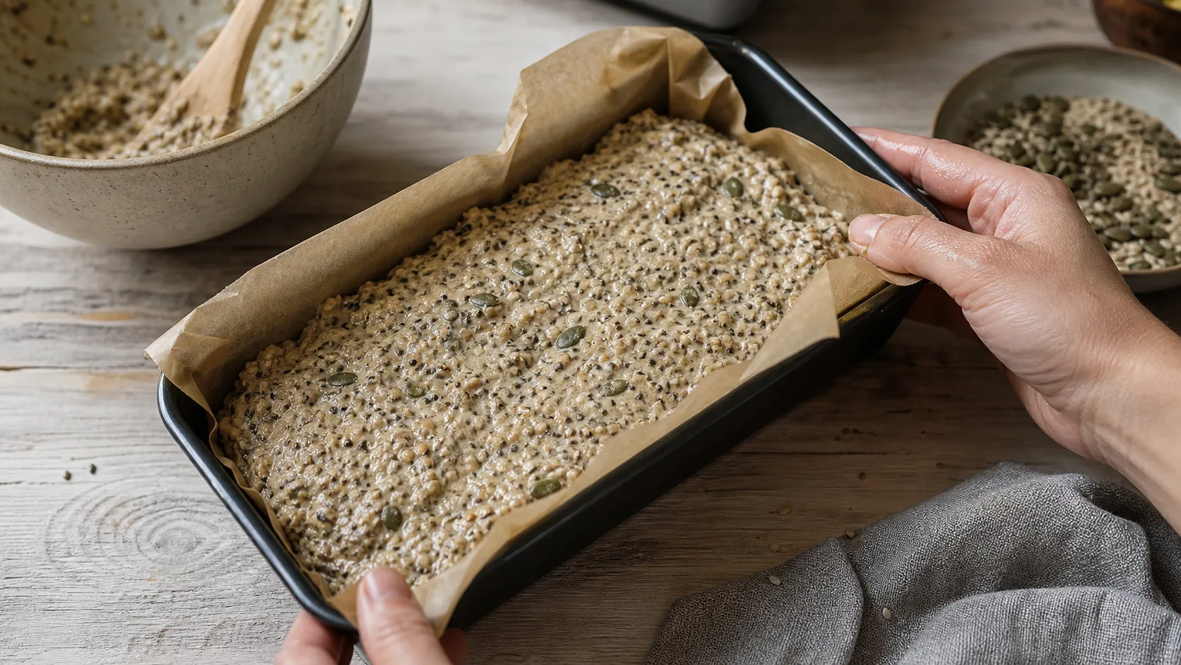 Preparation of Keto Bread Like German Bread: Hearty Low-Carb Loaf: Let the dough hydrate for 8-10 minutes, then shape it into a loaf with wet hands and place it in the pan.