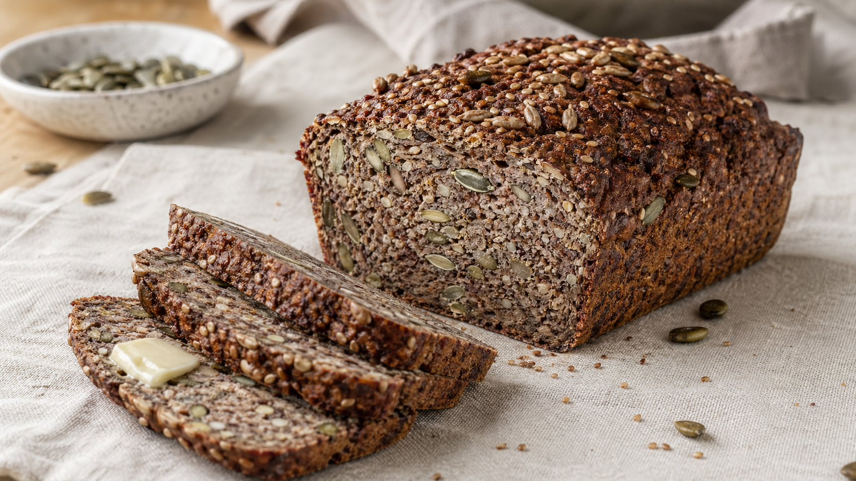 Sliced dark keto seed bread with a dense crumb and crisp crust