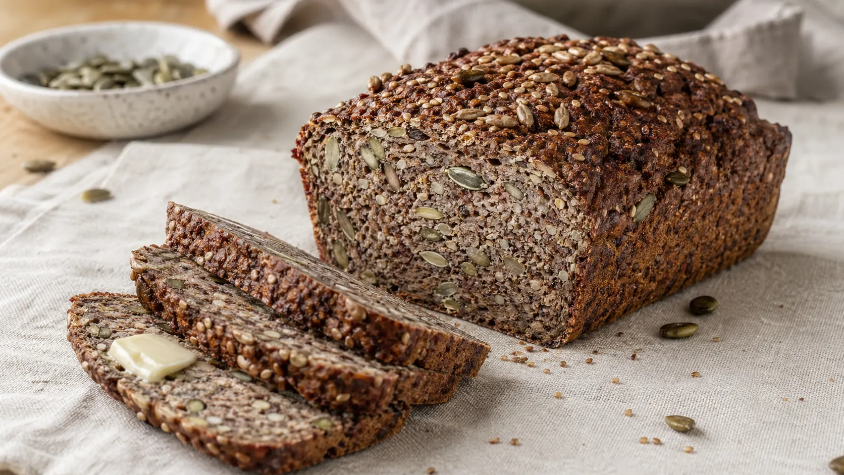 Sliced dark keto seed bread with a dense crumb and crisp crust