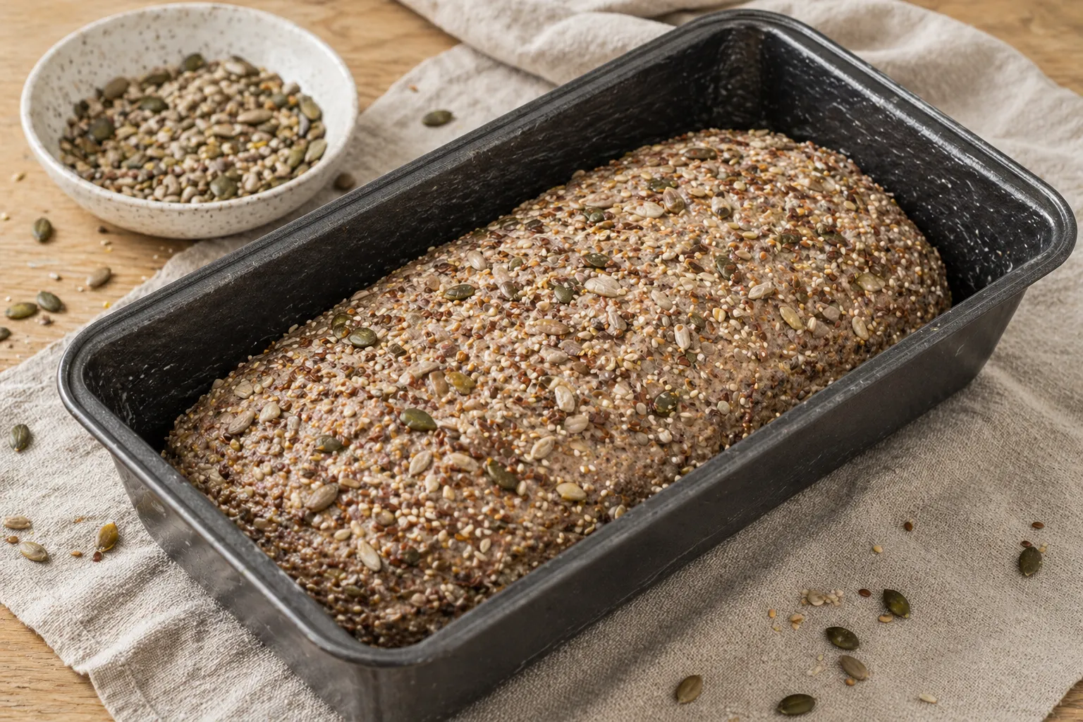 Keto bread loaf in a loaf pan before baking, shaped with wet hands