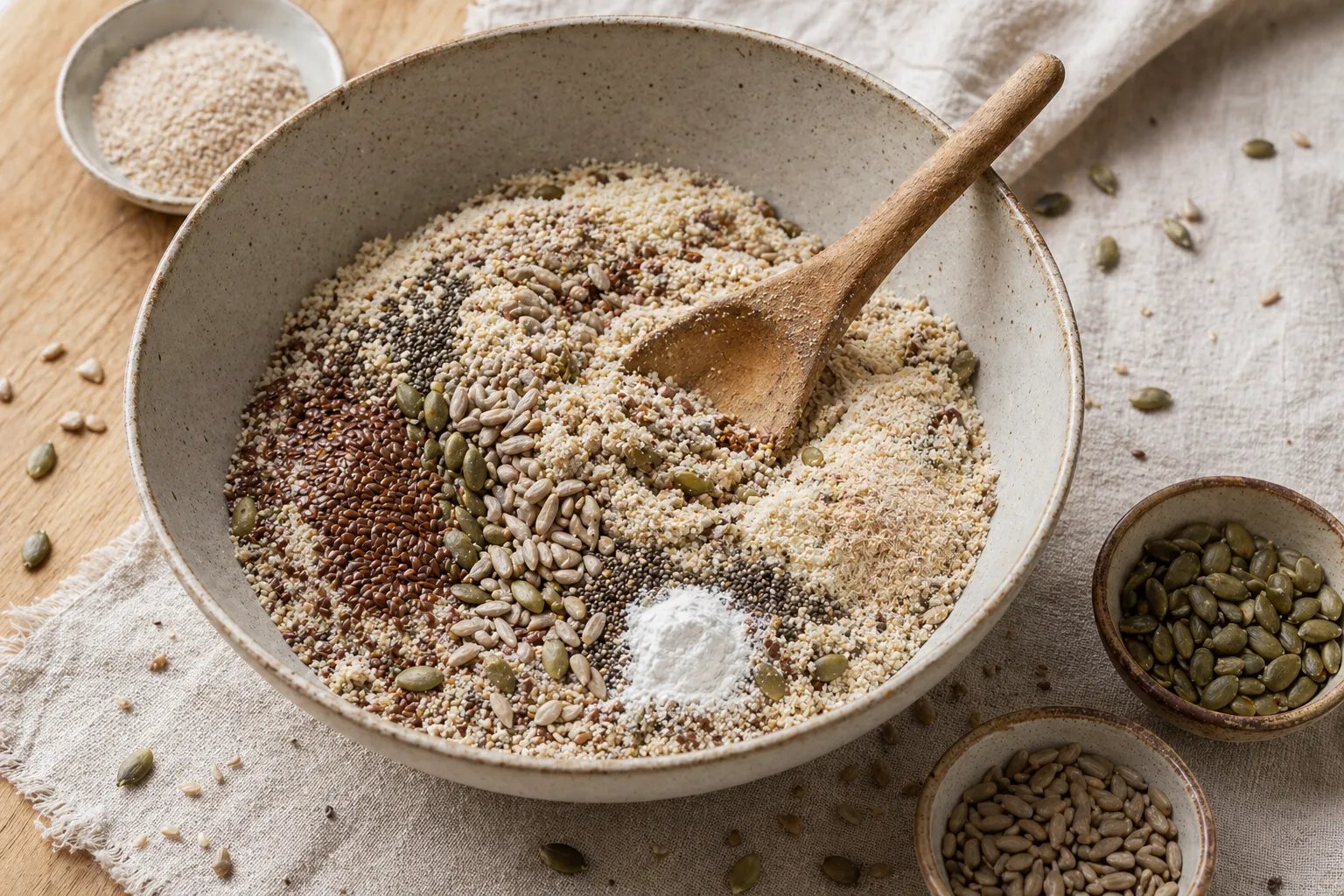 Keto bread dough with seeds, psyllium husk powder, and flaxseed in a mixing bowl