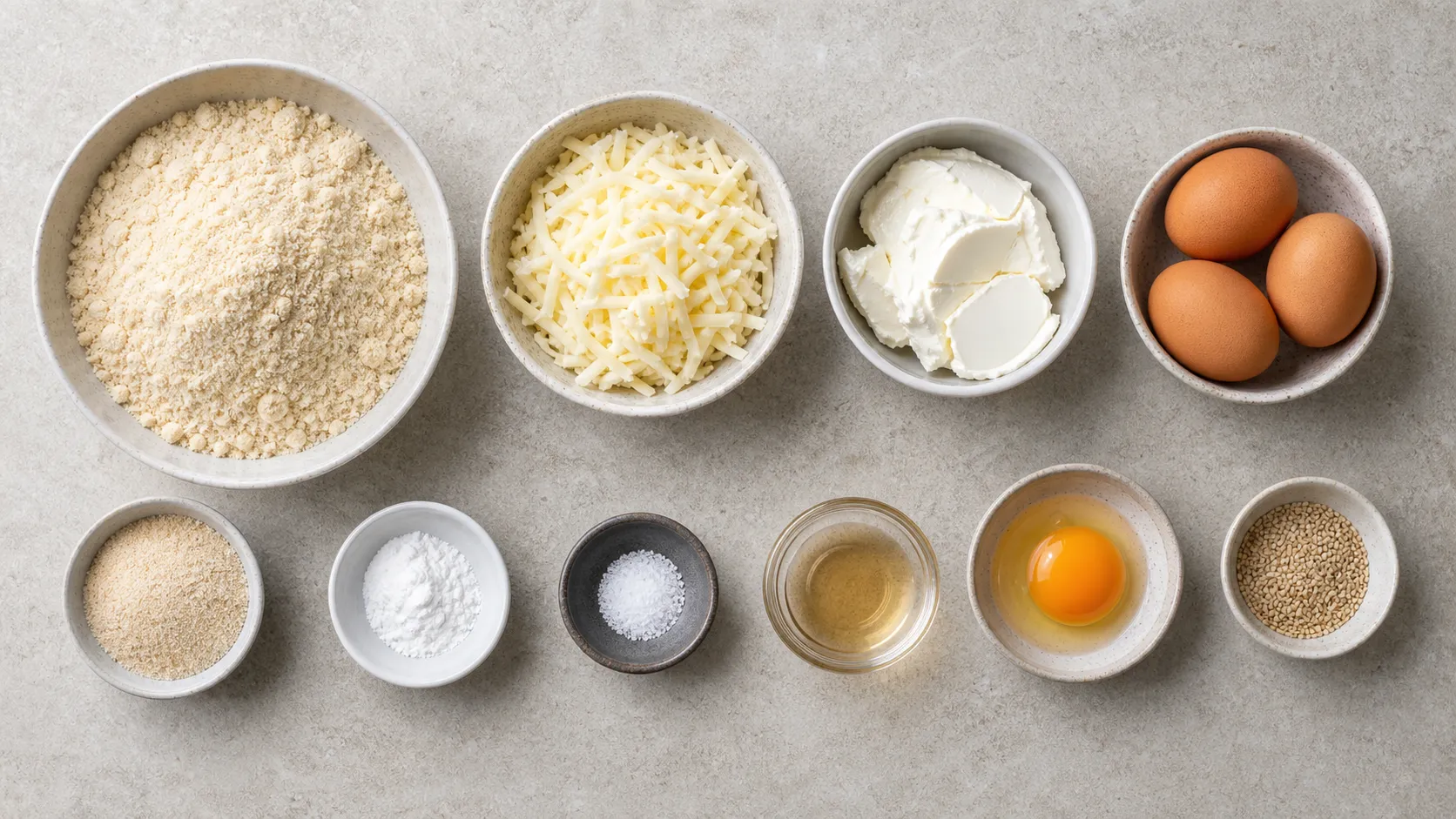 Ingredients for keto burger buns including almond flour, mozzarella, cream cheese, eggs, and sesame seeds arranged as a flatlay