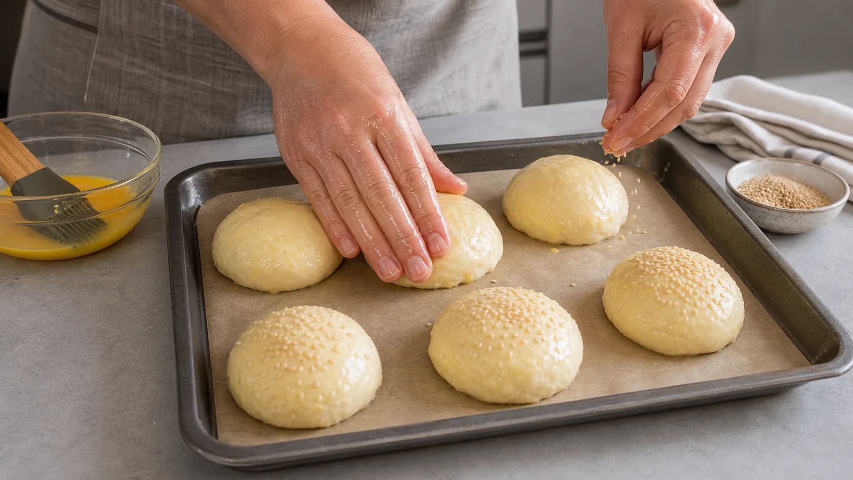 Shaped keto burger buns being brushed with egg yolk and sprinkled with sesame seeds on a baking sheet