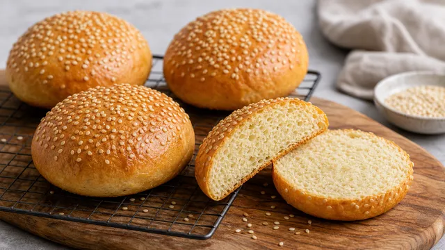 Golden brown keto burger buns topped with sesame seeds, sliced to show the airy crumb, on a wooden board