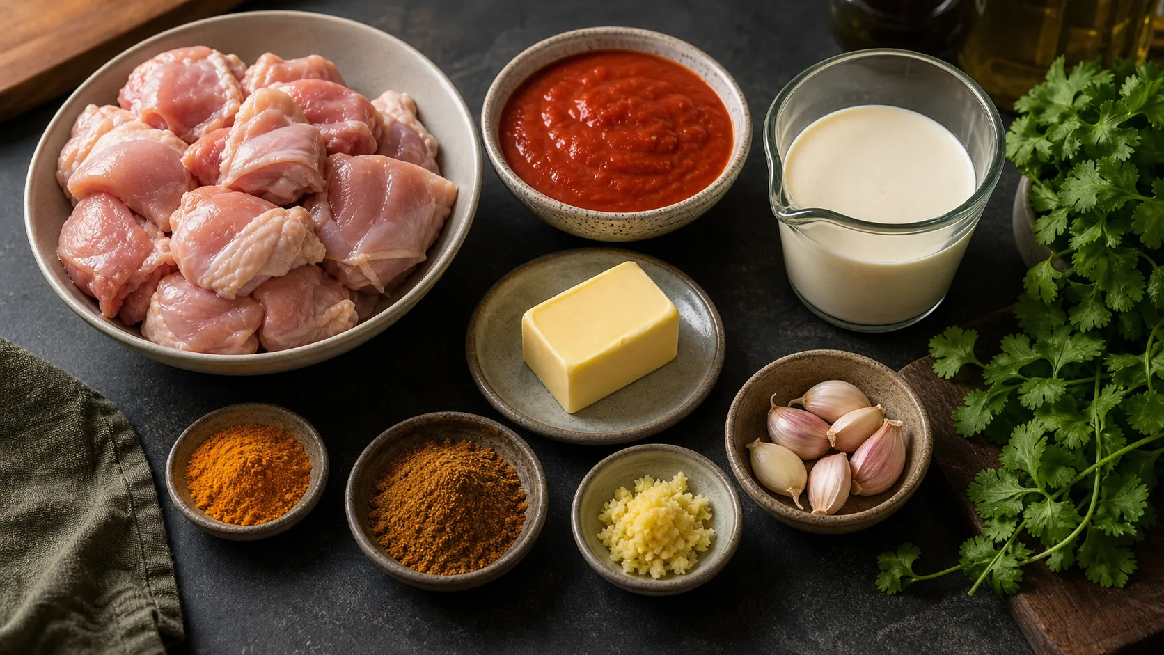 Ingredients for the keto butter chicken skillet: chicken thighs, butter, tomato passata, cream, garam masala, turmeric, ginger, garlic and cilantro