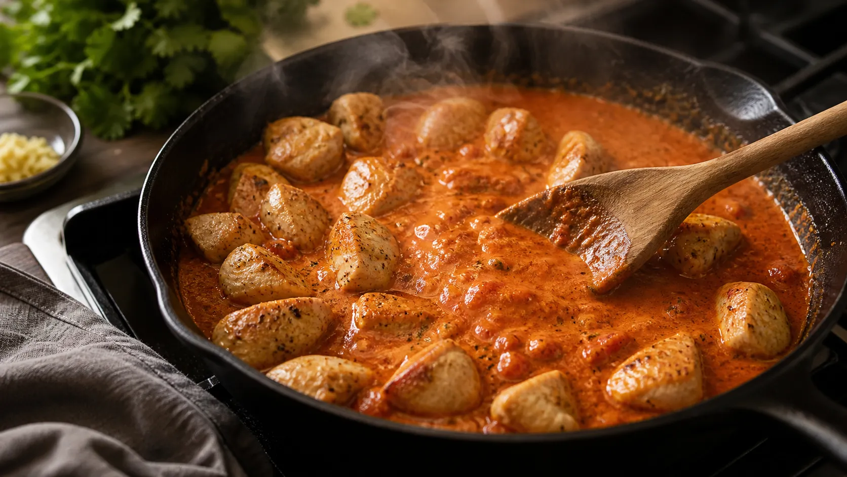 Chicken pieces are seared in butter and then simmered in creamy tomato cream sauce for the keto butter chicken skillet