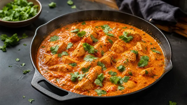 Keto butter chicken skillet with creamy orange-red tomato cream sauce and chicken pieces, garnished with cilantro in a dark skillet