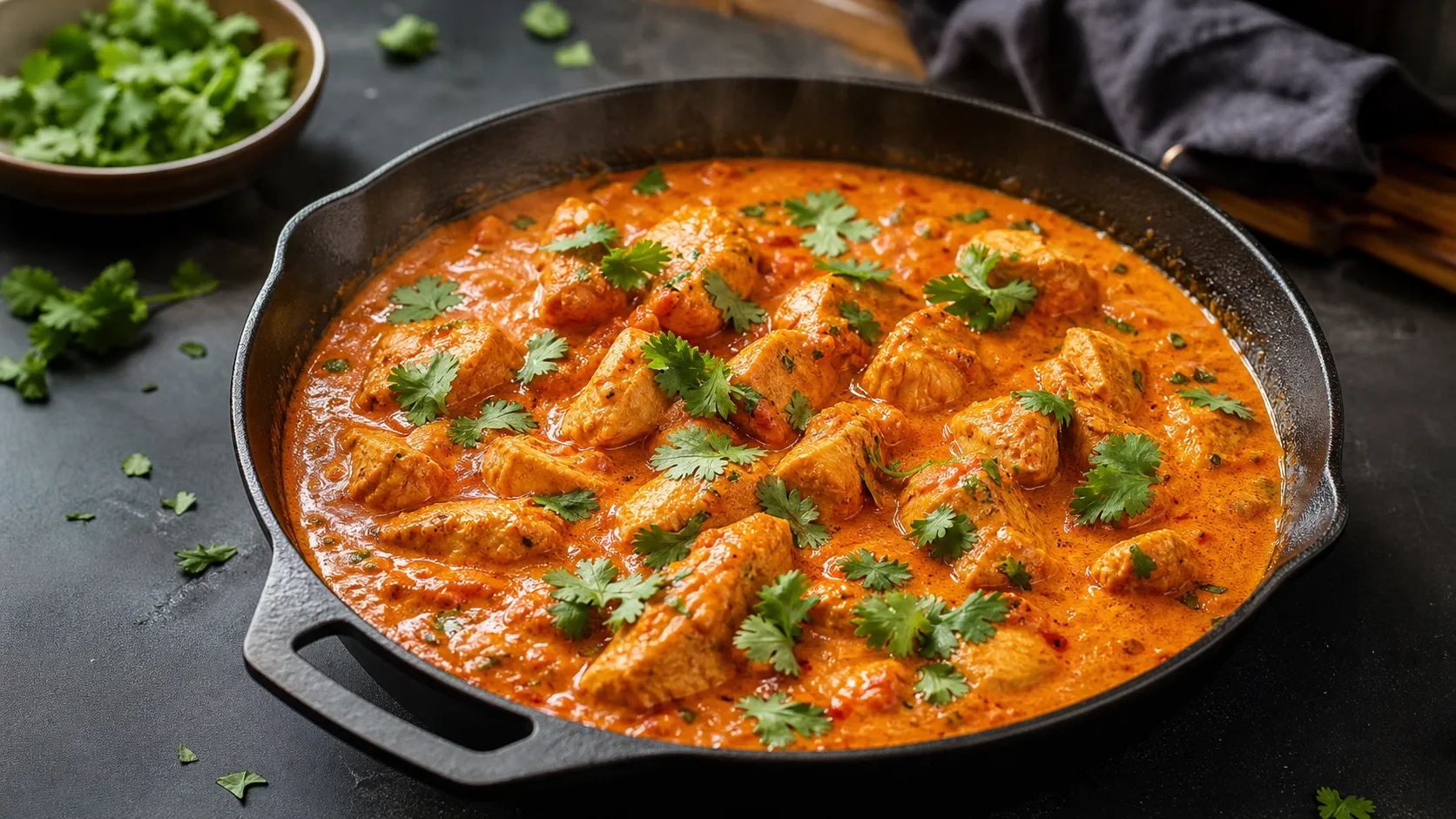 Keto butter chicken skillet with creamy orange-red tomato cream sauce and chicken pieces, garnished with cilantro in a dark skillet