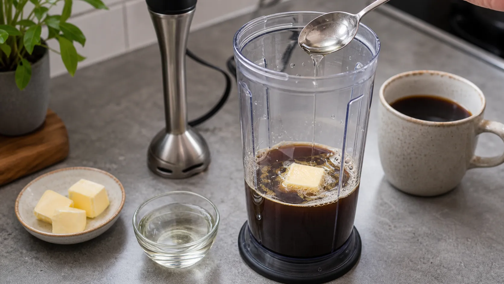 Hot coffee with butter and MCT oil in a blender jar before blending