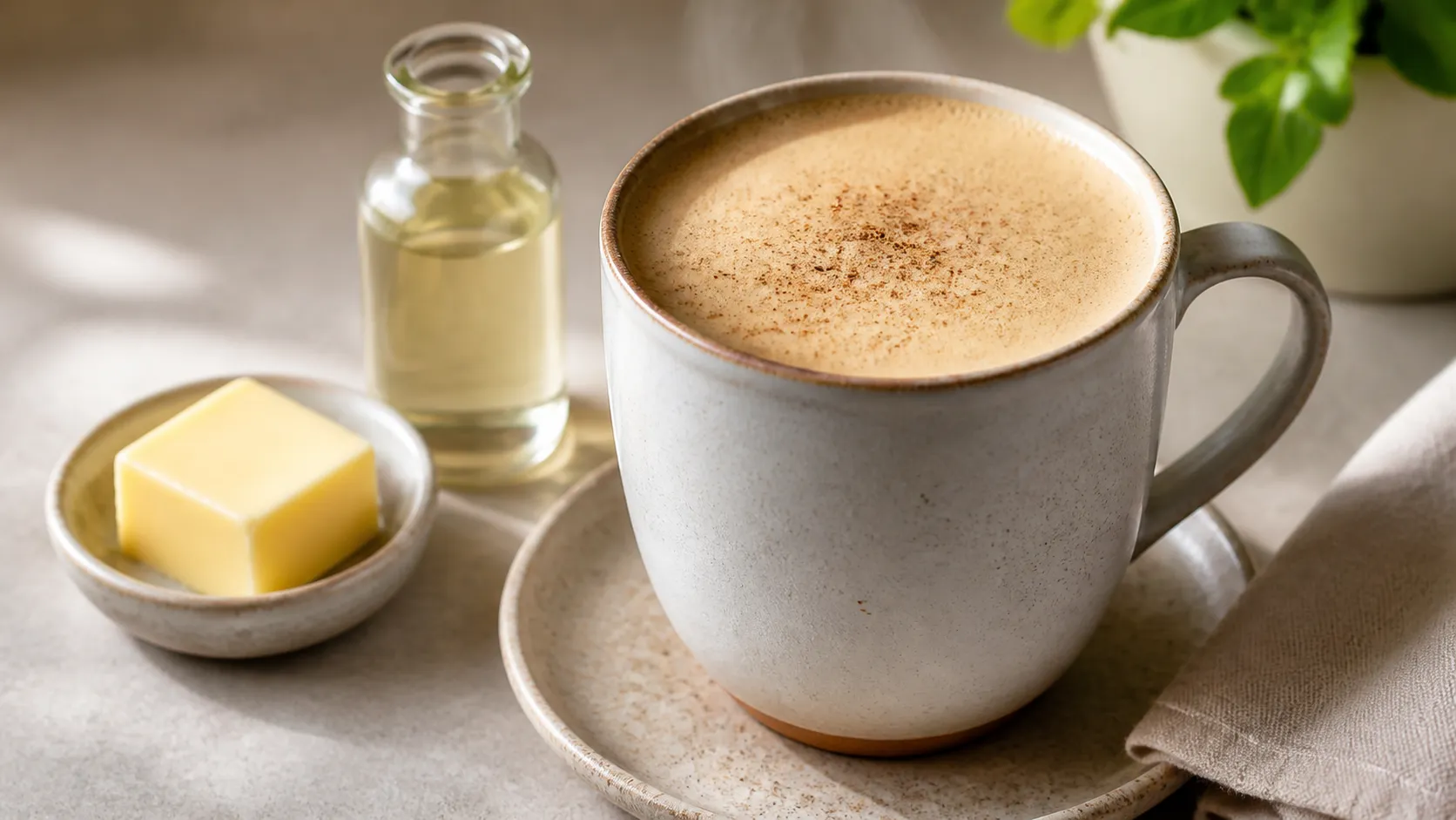 Creamy butter coffee with fine foam in a tall mug, with a piece of grass-fed butter and a small bottle of MCT oil next to it