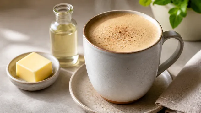 Creamy butter coffee with fine foam in a tall mug, with a piece of grass-fed butter and a small bottle of MCT oil next to it