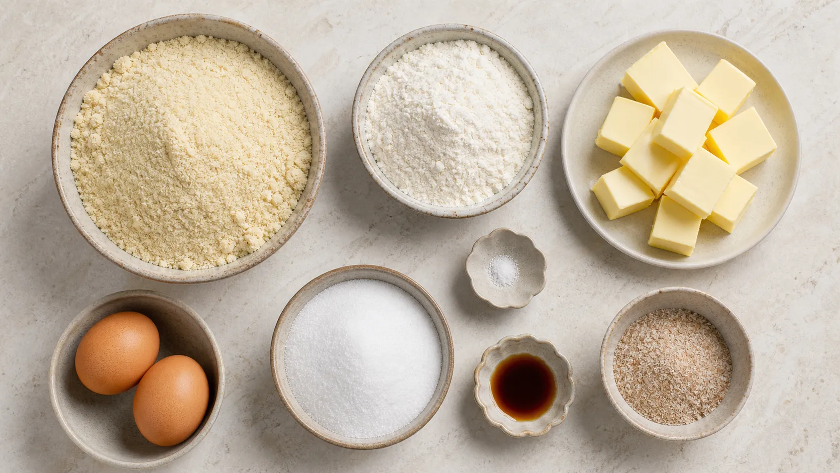 Ingredients for keto butter cookies: almond flour, coconut flour, butter, eggs, erythritol and psyllium husks