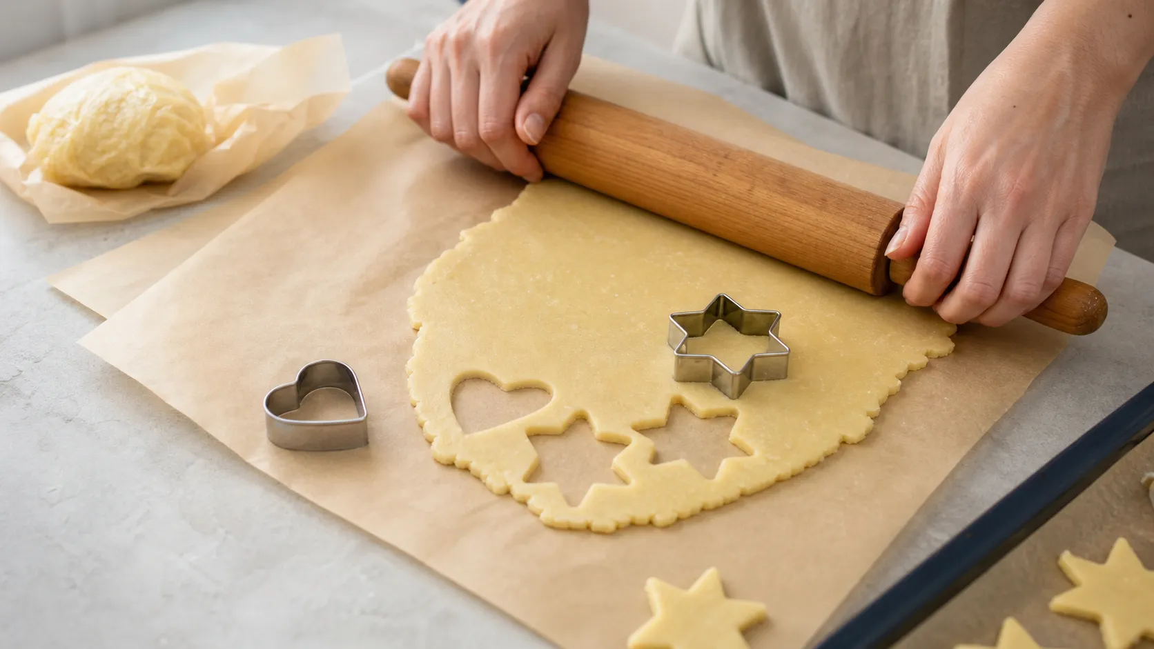 Chilled cookie dough being rolled out between two sheets of parchment paper