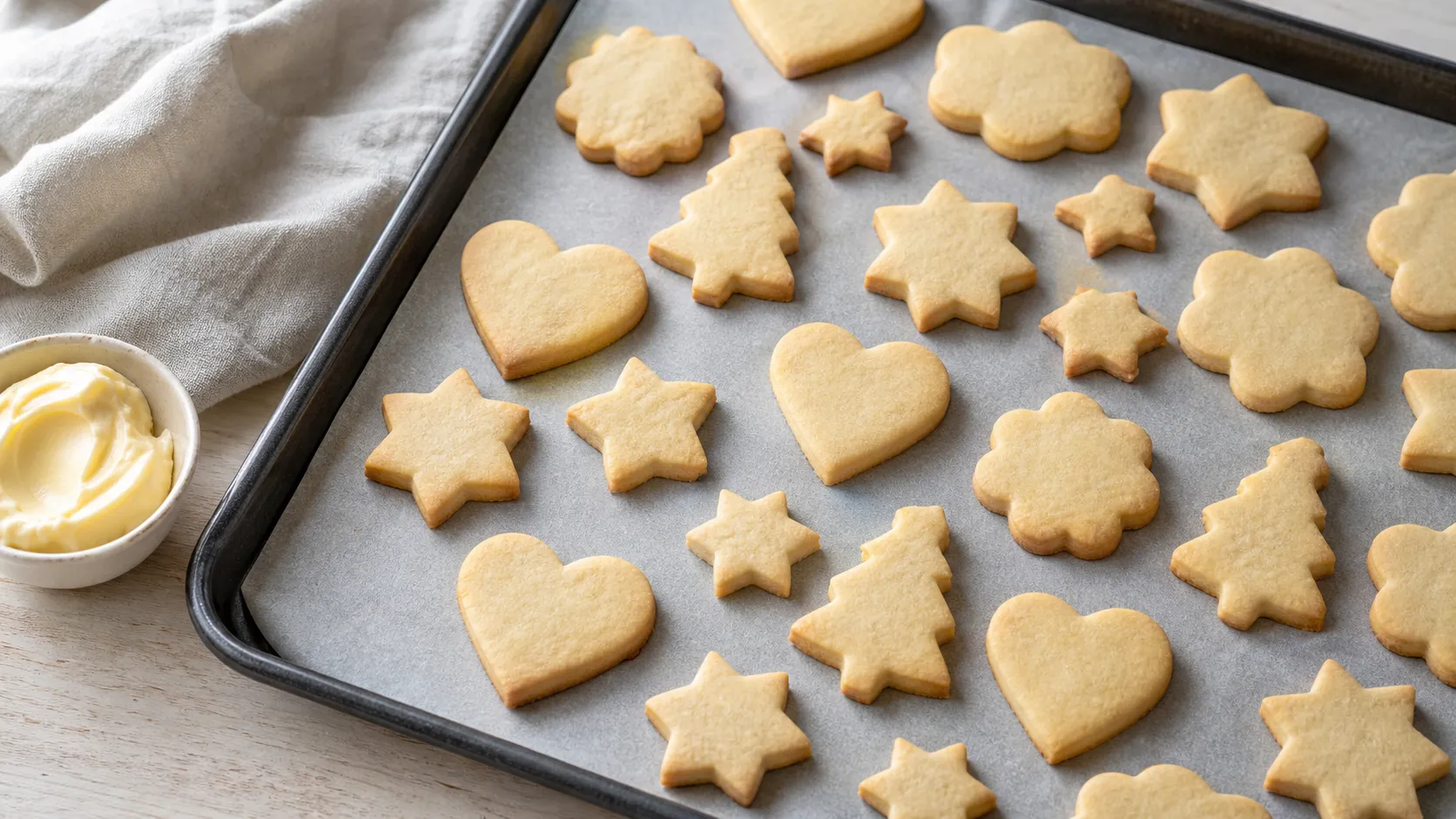 Keto butter cookies in various cutter shapes on a baking tray