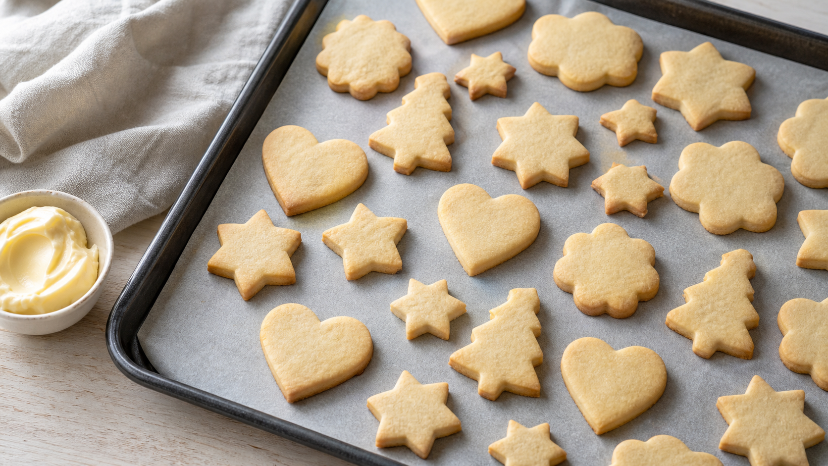 Keto butter cookies in various cutter shapes on a baking tray