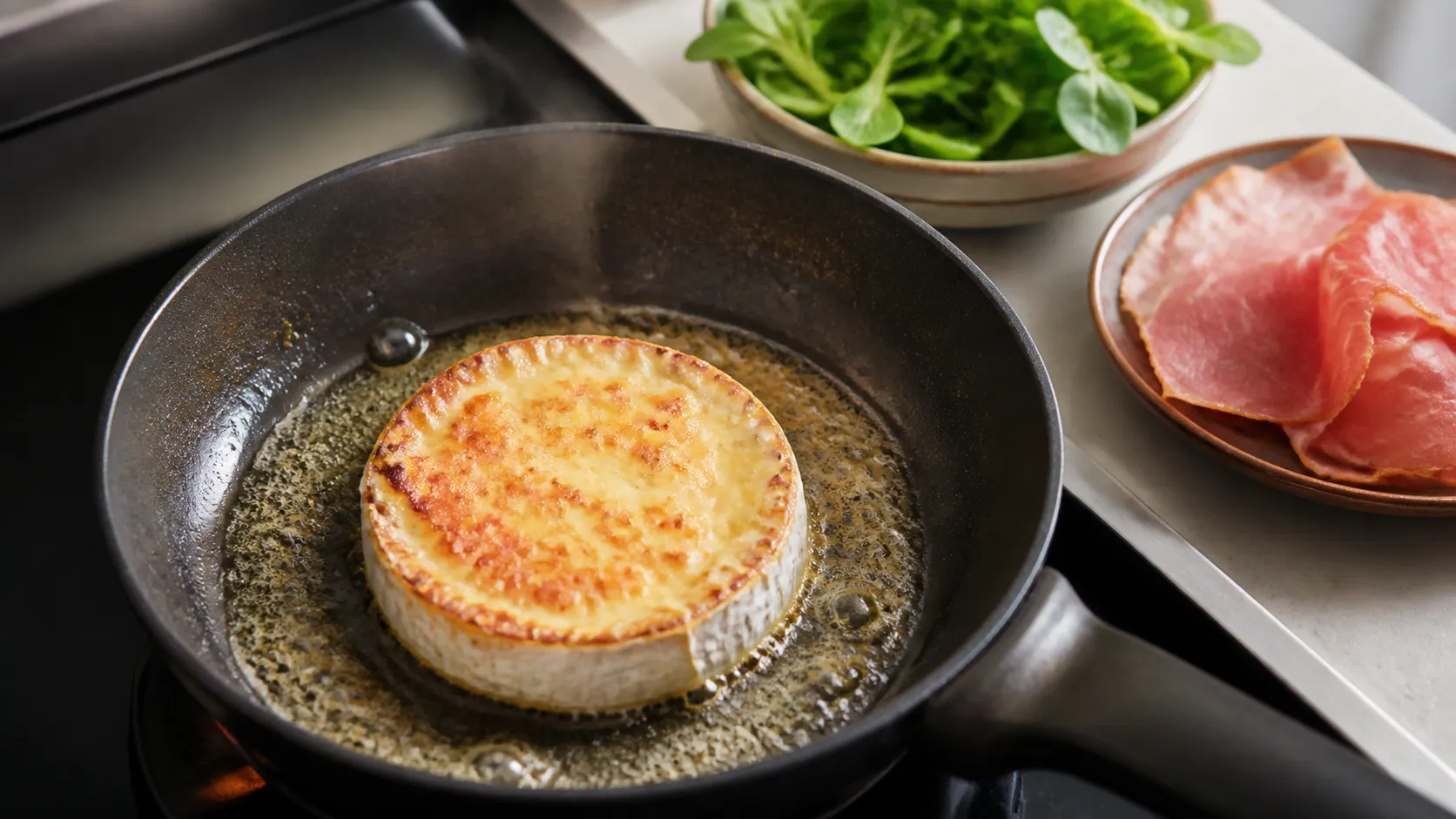 Camembert frying golden-brown in melted butter in a small skillet