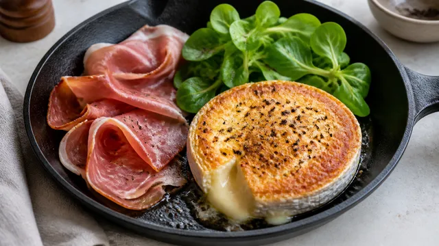 Golden-brown pan-fried camembert in a small skillet, with slices of air-dried Serrano ham and a few salad leaves alongside