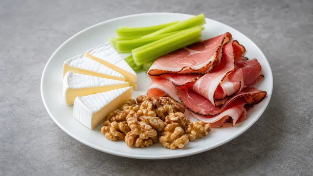 Keto breakfast plate with Camembert, walnuts, Black Forest ham and celery sticks