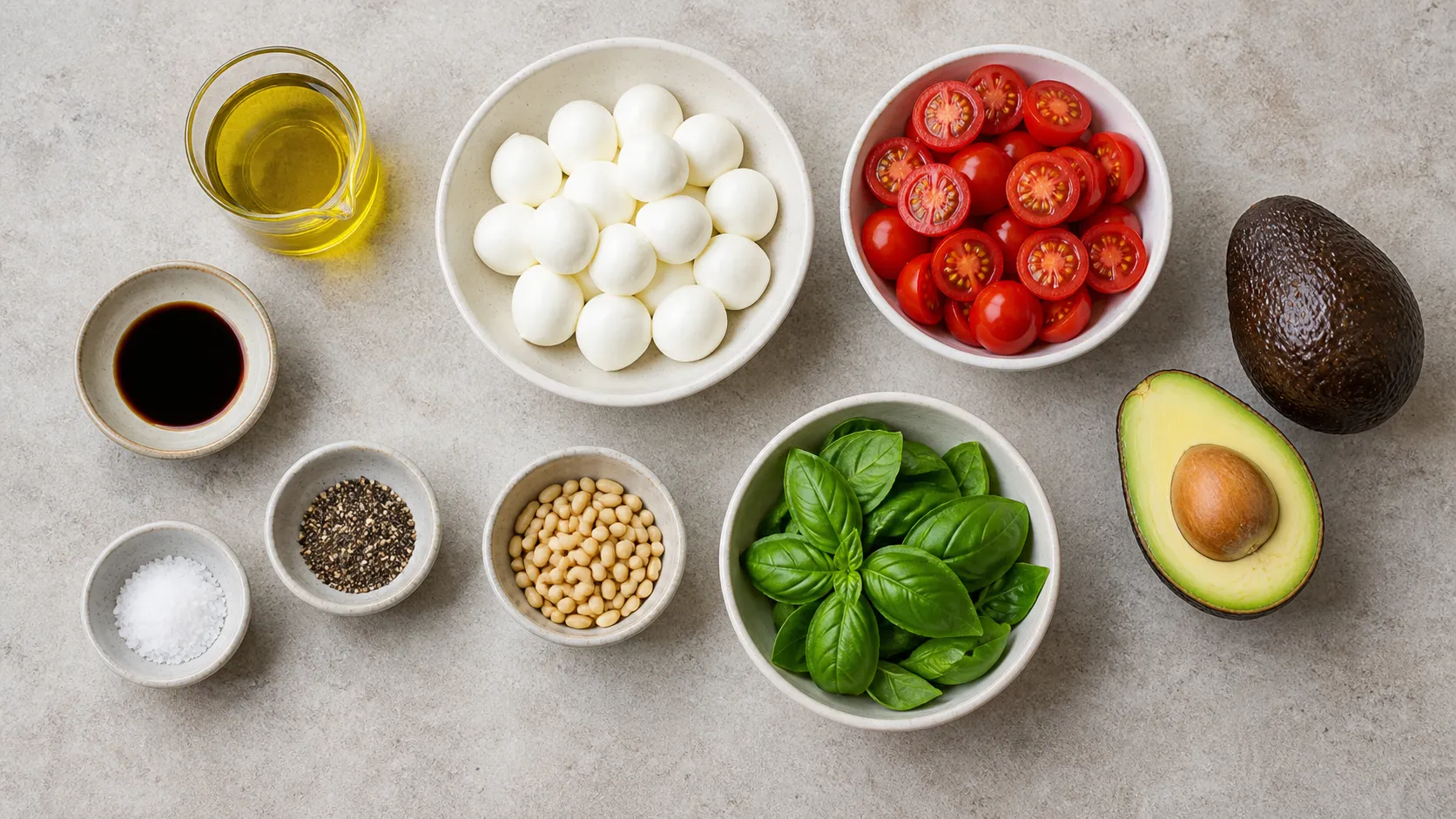 Ingredients for keto caprese salad: buffalo mozzarella, cherry tomatoes, avocado, basil and pine nuts