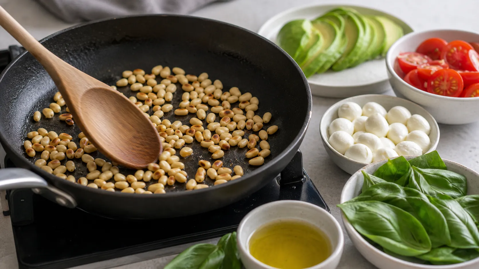 Pine nuts toasting golden brown in a dry pan