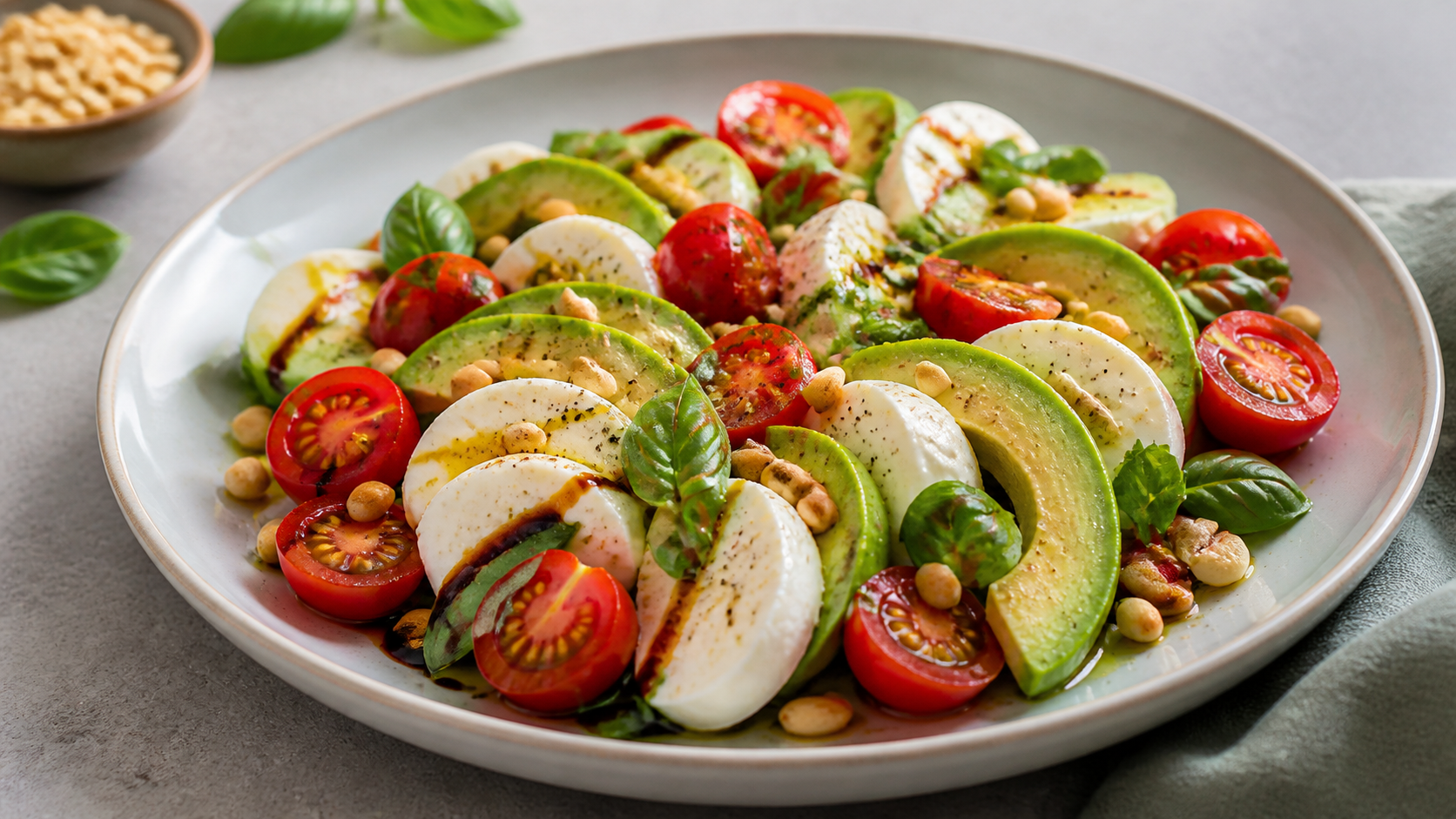 Keto caprese salad with mozzarella, tomatoes, avocado, basil and toasted pine nuts on a plate