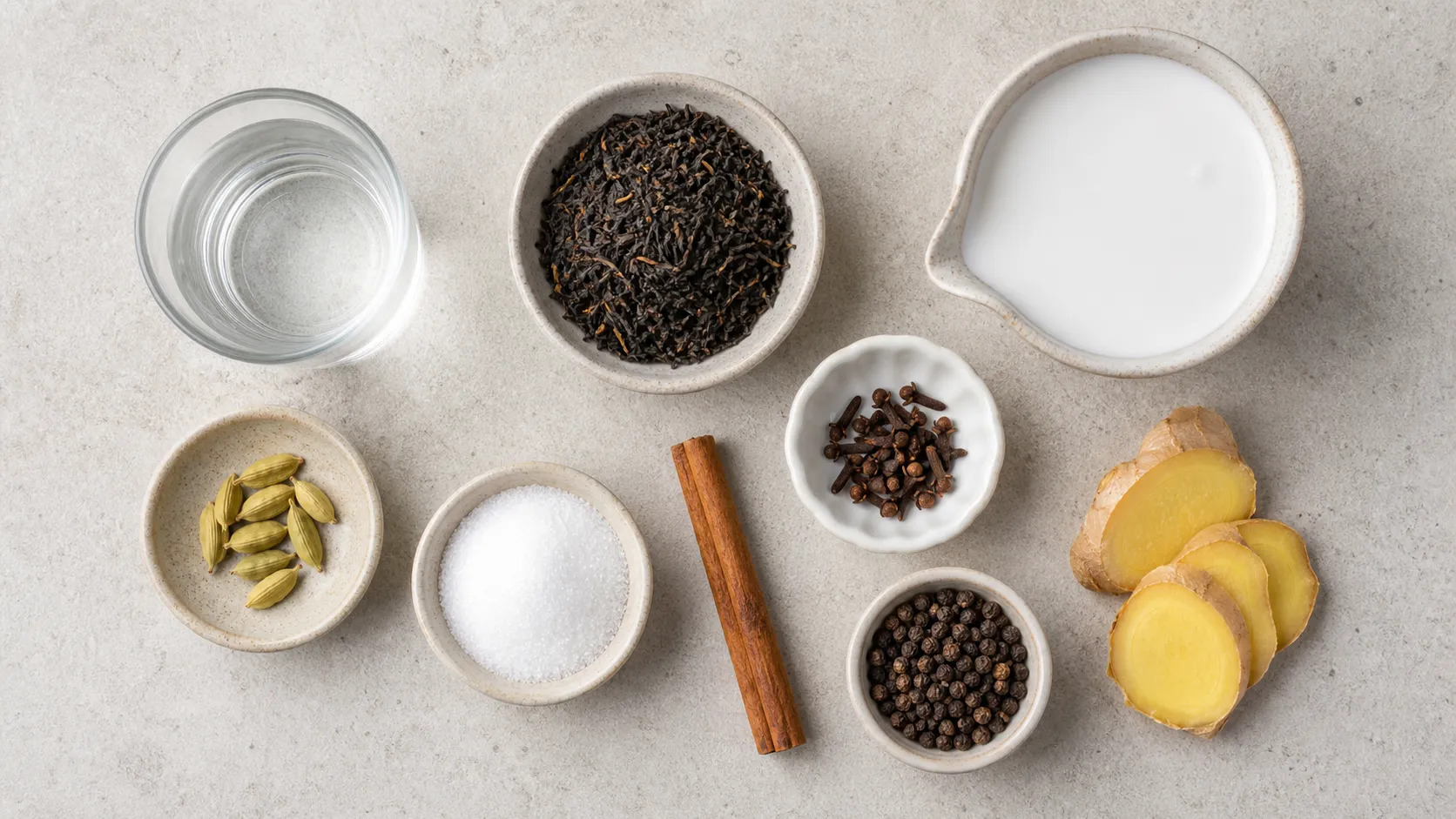 Flatlay of ingredients for keto chai latte with black tea, coconut milk, cardamom, cinnamon, cloves, pepper, ginger and erythritol