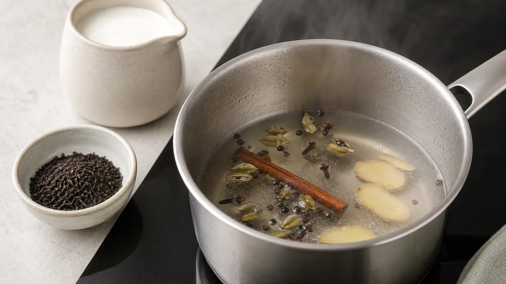 Chai spices and ginger simmering in a pot for keto chai latte with coconut milk