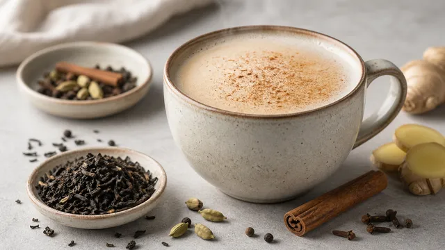 Keto chai latte with coconut milk, frothed foam, cinnamon and whole chai spices in a cup