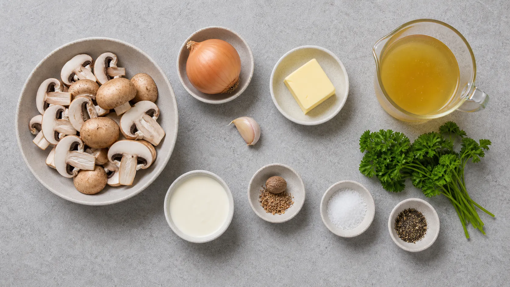 Ingredients for keto cream of mushroom soup: mushrooms, onion, garlic, butter, cream, vegetable stock and parsley