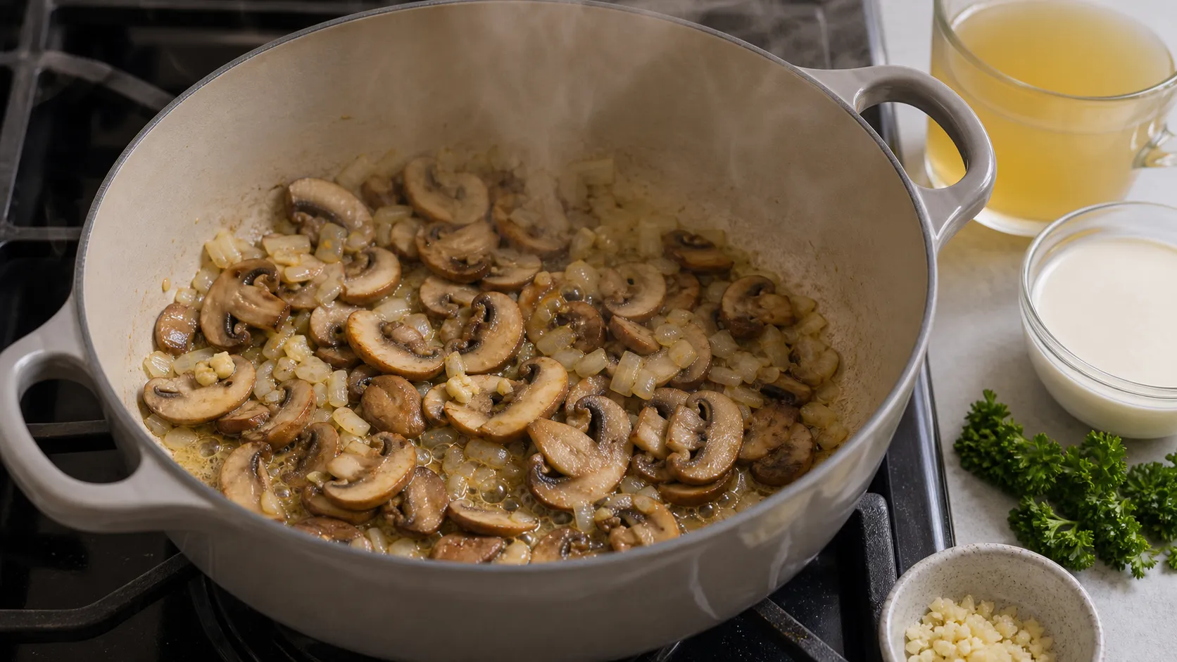 Mushrooms and onions frying in butter in a pot before the stock and cream go in