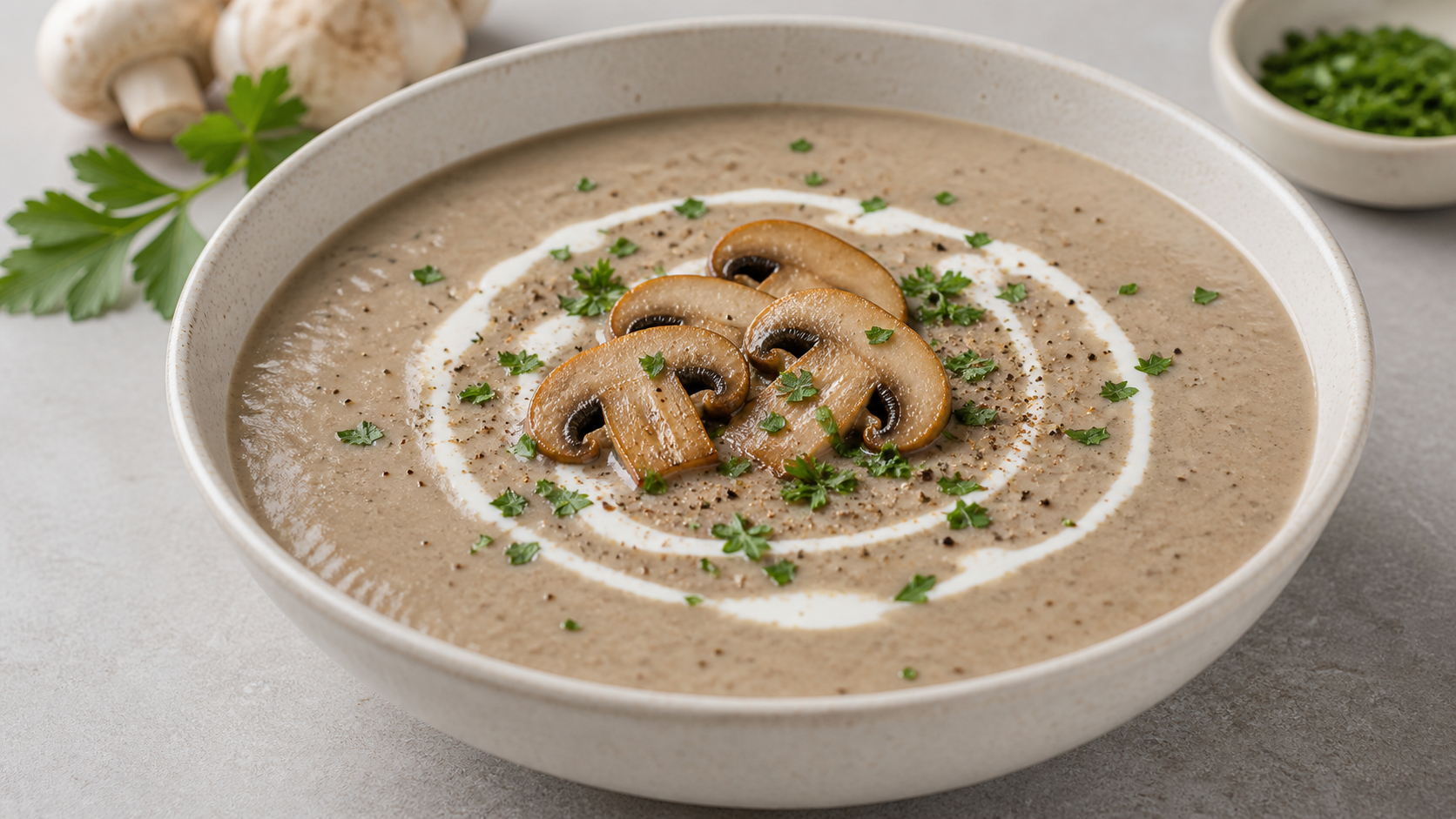 Creamy keto cream of mushroom soup in a bowl, garnished with cream, fried mushroom slices and parsley