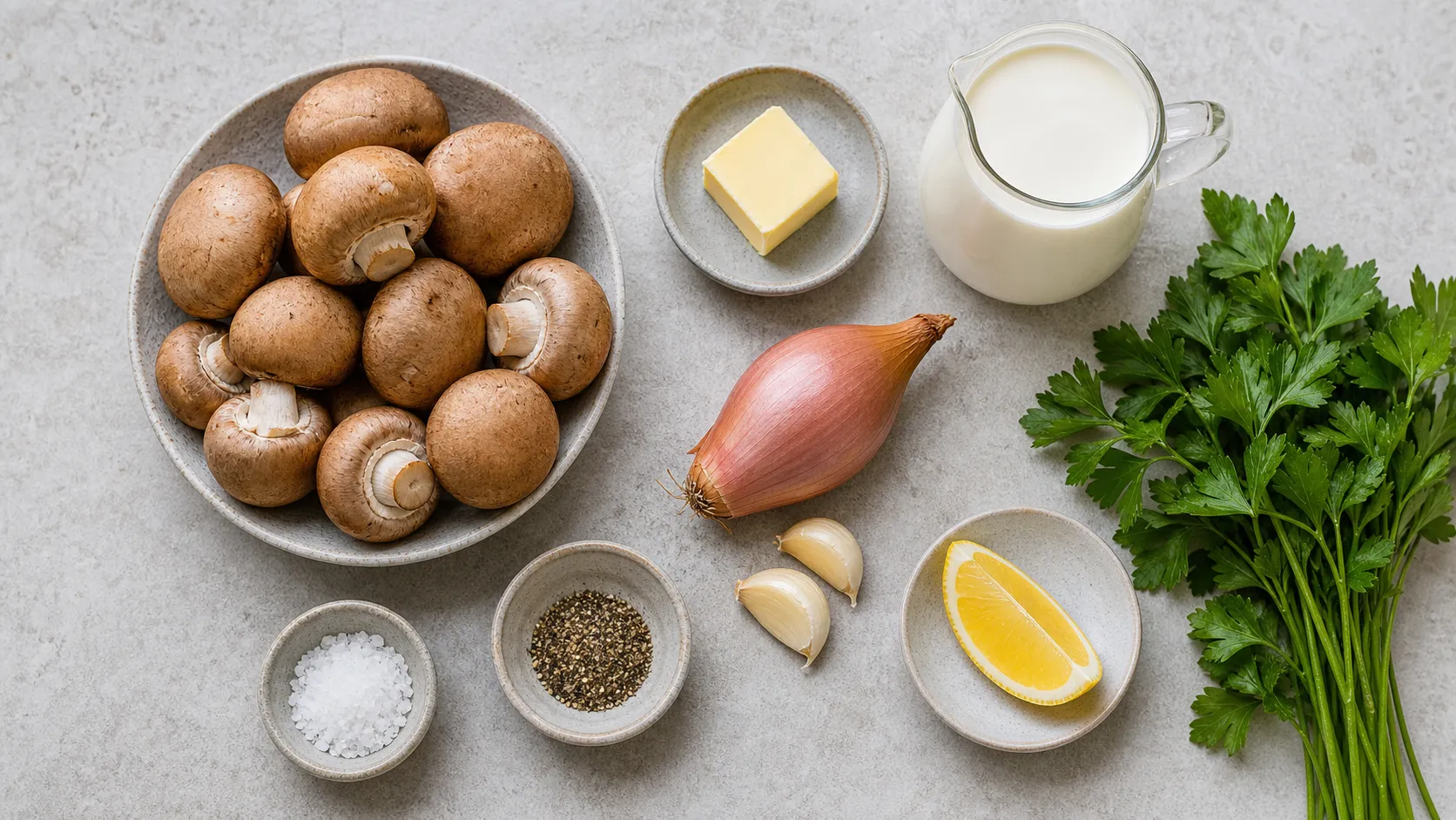 Ingredients for keto creamed mushrooms: brown white mushrooms, cream, butter, shallot, garlic, parsley and lemon